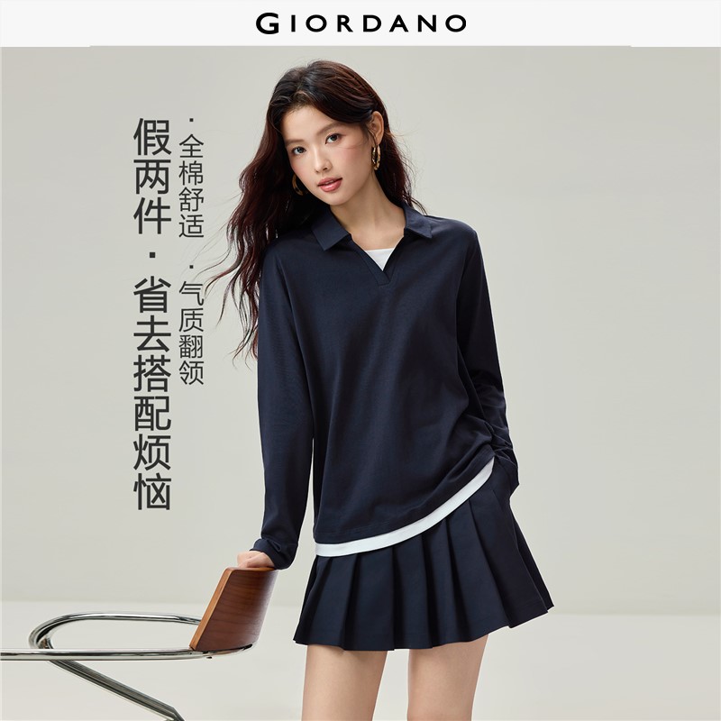 GIORDANO Women Polo Shirts Fake Two-Piece Contrast Polo Shirts Long Sleeve Fashionable Casual Cotton Polo Shirts 13316606
