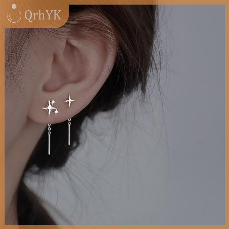 QrhYK Bạc Màu Không Đối Xứng Sao Dangle Bông Tai Cho Phụ Nữ Thời Trang Và Thanh Lịch Bốn Cánh Sao Bông Tai Bên Món Quà Cô Gái
