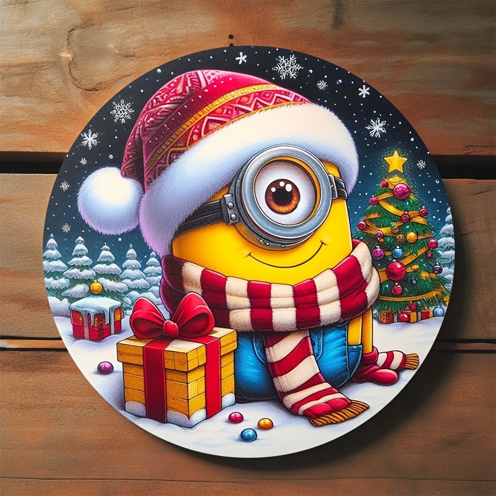 520YOSWI Theo chủ đề Minions dây chuyền Cây giáng sinh Bằng gỗ Tròn Đồ trang trí treo giáng sinh Sáng Tạo Hoạt hình Móc treo tường cửa nhà Phụ kiện giáng sinh