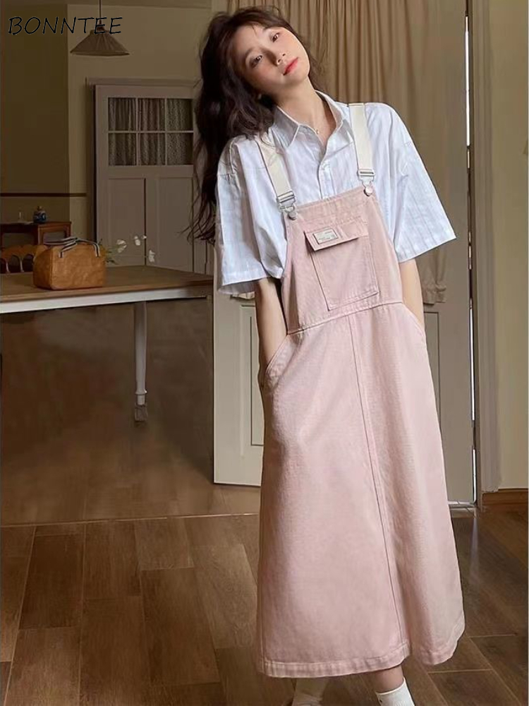 New store opening 50% discount for only three daysDenim Strap Dresses Women Back-slit Sleeveless Midi Teen Young Preppy Kawaii Japan Style Ulzzang Harajuku Tender Vestidos FemaleCOD