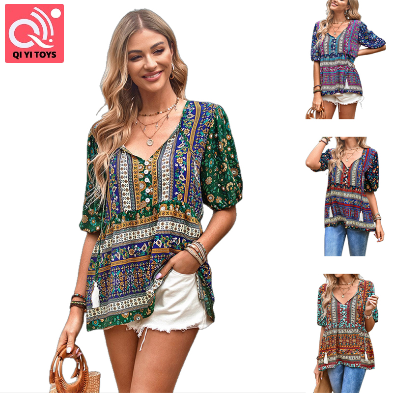 ⚡⚡Phụ nữ áo cánh áo cho nữ, Boho Áo Hoa V Cổ tay áo phồng giản dị áo Blouse thời trang tay áo lửng in ống tay phồng Cardigan