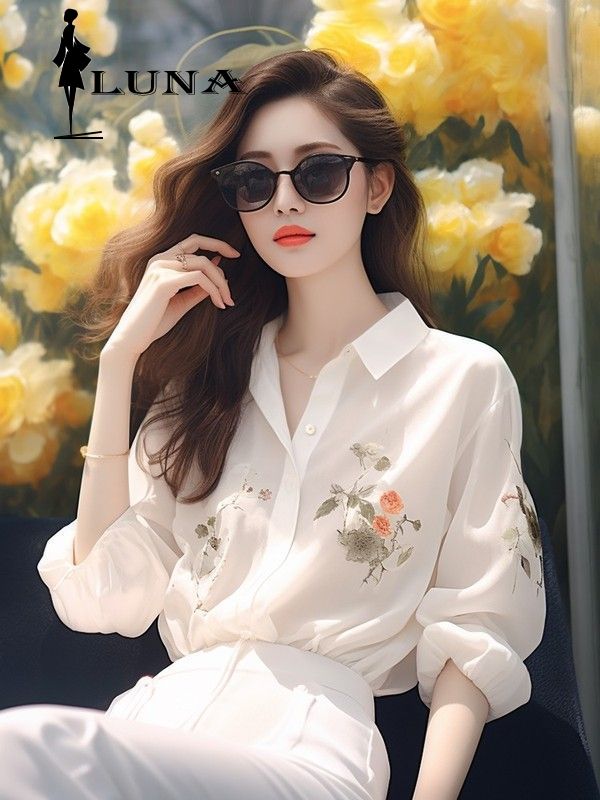  LUNAáo girl phố nữ Pháp trắng in chiffon áo 2024 phong cách mới lỏng lẻo khí chất dài tay áo đầu sang trọng đẹp chống nắng  váy nữ đẹp đi chơi áo crotop nữ kiểu áo kiểu rẻ vô đố 