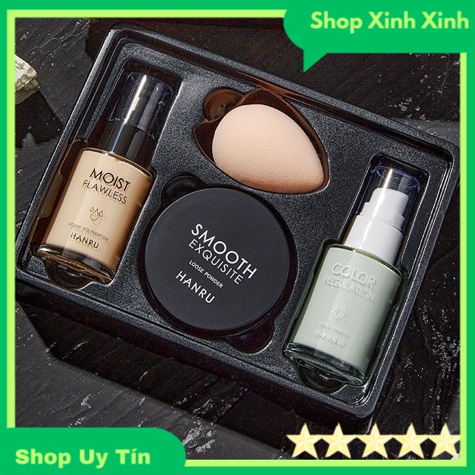 (Free Ship) Bộ Trang Điểm Kem Nền trang điểm HANRU Gồm 4 Món Đa Năng Tiện Dụng che khuyết điểm tốt , dưỡng ẩm, khô thoáng , nâng tone da