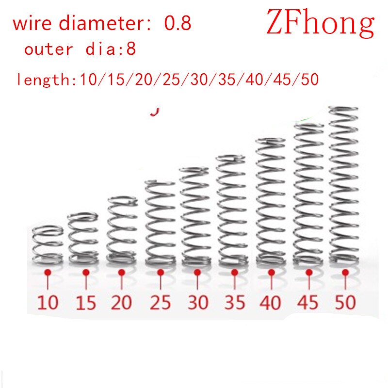 Yingke 20 chiếc Đường kính dây lò xo nén 0.8mm Đường kính ngoài 8mm thép không gỉ siêu nhỏ Chiều dài lò xo nén nhỏ 10mm-50mm