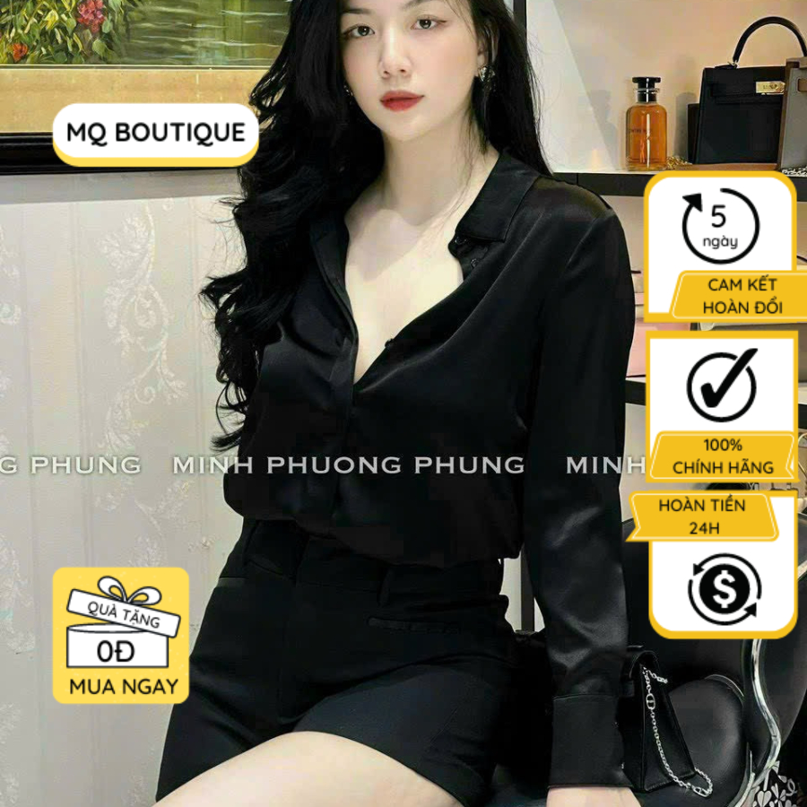 Áo lụa trơn sơ mi dài tay cao cấp công sở thiết kế, áo sơmi họa tiết thiết kế MQ Boutique