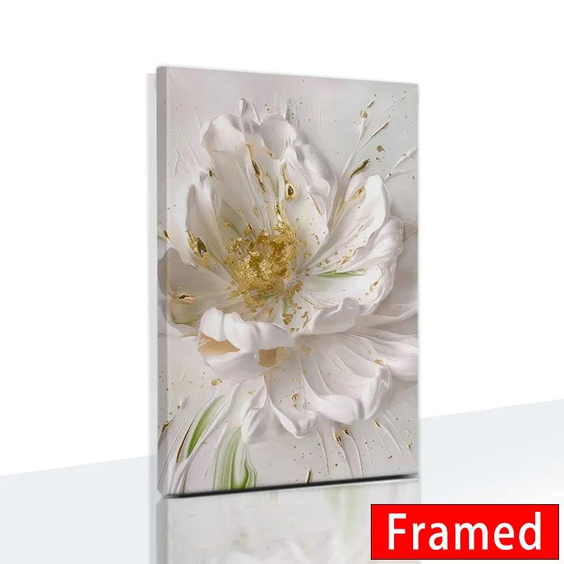Framed White Oil Painting Flowers Canvas Print Nordic Abstract Poster for Modern Living Room Wall Art Home Decor 0105 0421