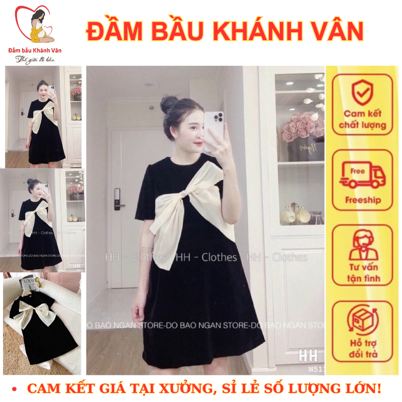 Váy bầu, đầm bầu hàng thiết kế, váy bầu suông dài qua gối cộc tay nơ xinh xắn V36, V51