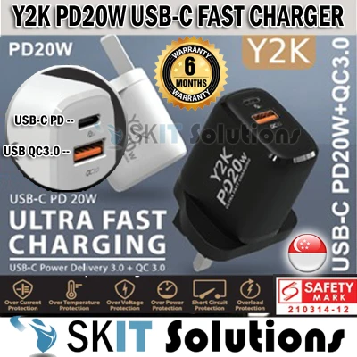 Y2K Dual Port USB-C PD Power Drive 20W + USB-A QC 3.0 Fast Charging 3-Pin Wall Charger with Spring Safety Mark, 6 Months Local Warranty, Singapore Brand, Type-C Quick Charger USB Wall Charger, 20W USB C Wall Charger, PD Charger UK, Charger Adapter QC3.0