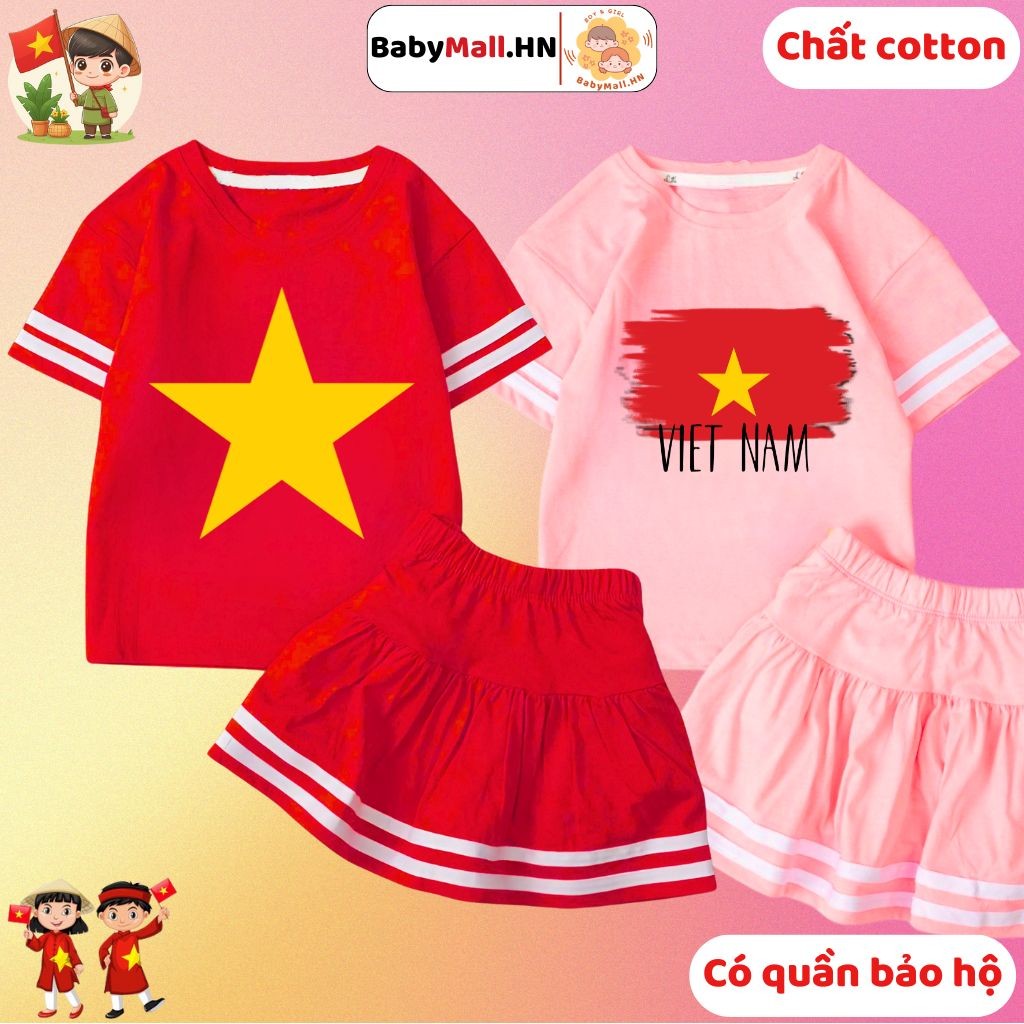 Bộ áo váy Cờ Đỏ Sao Vàng cho bé gái có quần bảo hộ BABYMALL áo Việt Nam cho bé chất cotton co dãn
