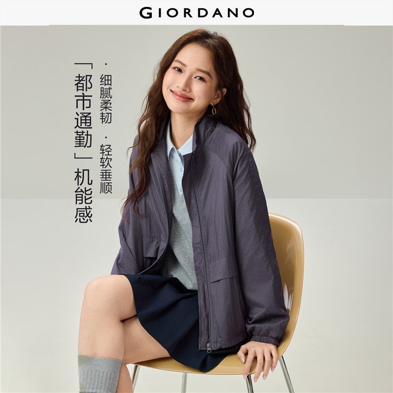 GIORDANO Women Jackets Stand Collar Raglan Sleeve Jackets Windproof Zip Front Fashionable Casual Relaxed Jackets 13376032