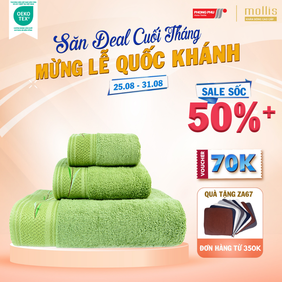 Khăn Tay Mollis Soybean 25x50cm Khăn Cao Cấp Sợi Đậu Nành Nuôi Dưỡng Làn Da Mịn Thoáng Thấm Hút Không Xù Đổ Lông HME2