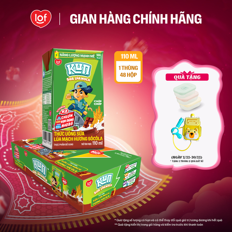 Sữa lúa mạch KUN vị socola thùng 48 hộp x 110ml