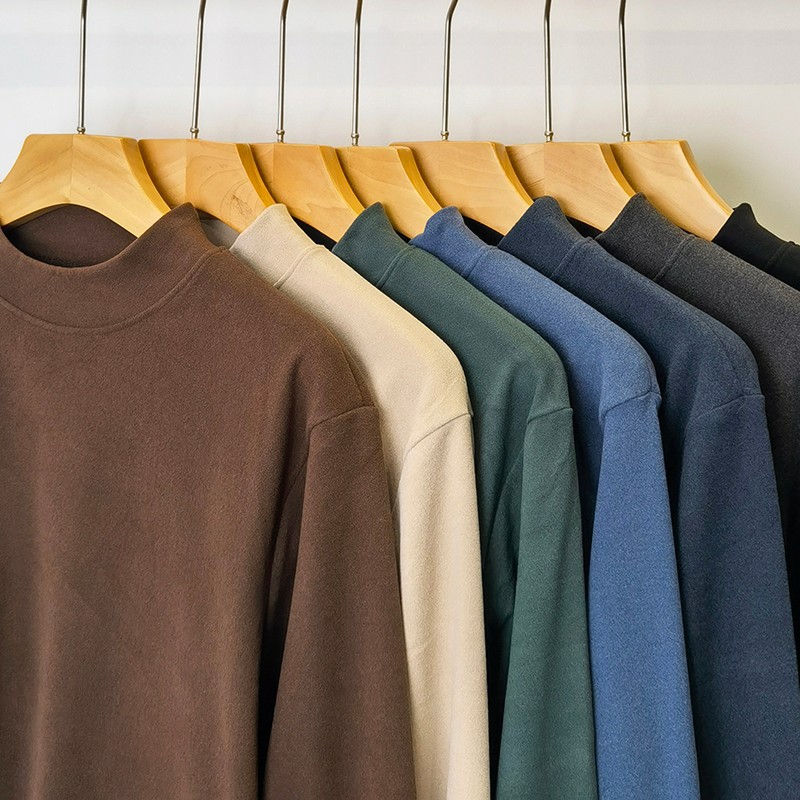 Áo thun nam dài tay áo len cổ lọ hai mặt nửa nhung cổ cao