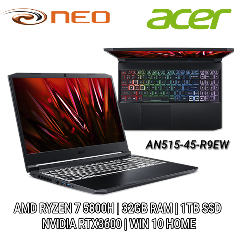 Acer Nitro AN515-45-R9EW (Black) QHD 15.6| AMD RYZEN 7 5000 Series | NVIDIA RTX 3600 6GB DDR6 | 32GB RAM | 1TB SSD | WIN 10 HOME | 2 Years Local Singapore Carry-in Warranty - NH.QBCSG.006