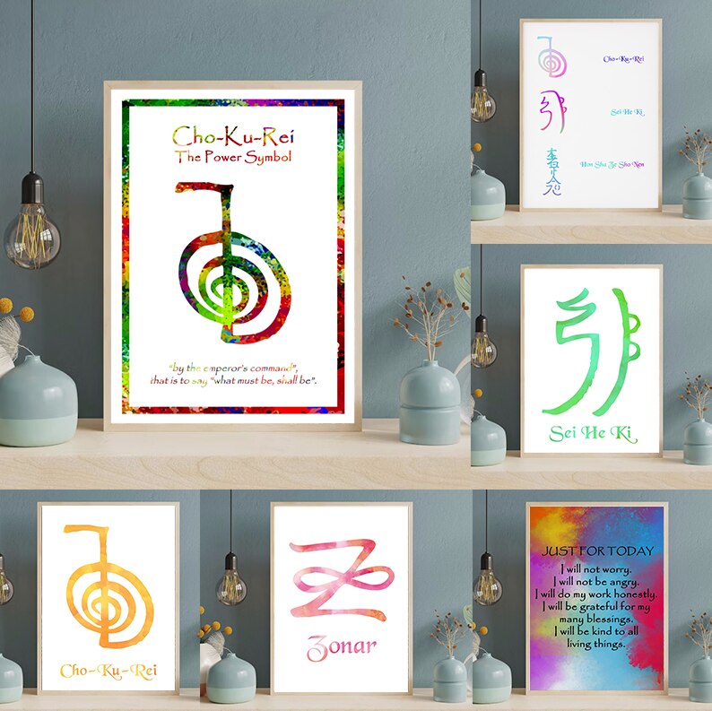 โปสเตอร์สัญลักษณ์เรอิกิหลากสี หลักการบำบัด เวชศาสตร์ทางเลือก ภาพวาดผ้าใบสำหรับตกแต่งบ้าน ห้องนอน สติ สมาธิ 0421