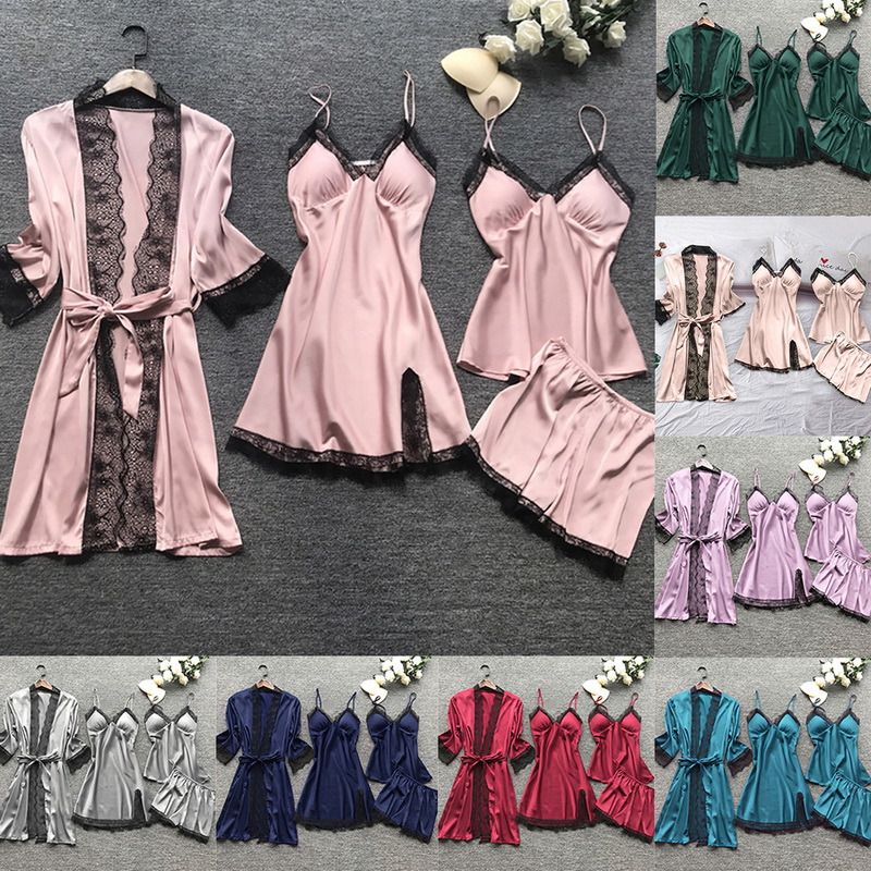 Lovely 4pcs Women Sexy Silk Satin Bathrobe Sets Plus Size Night Dress Silky Loose Solid Pajamas Set