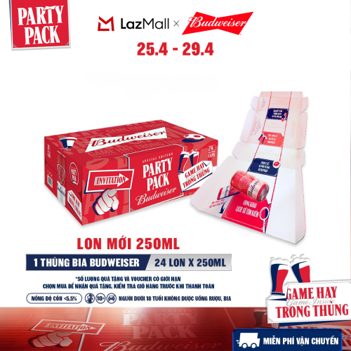 Thùng 24 Lon Bia Budweiser PartyPack Chính Hãng (250ml/lon)