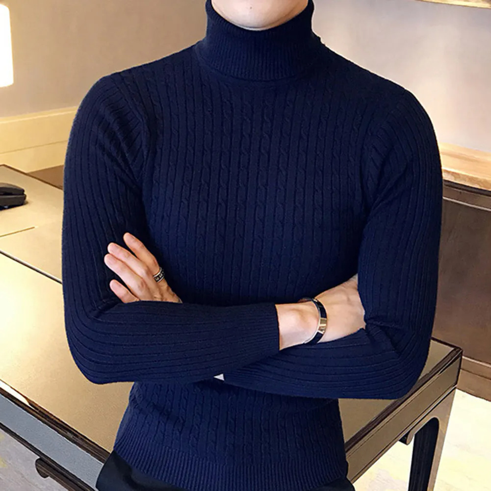 Casual Men Winter Solid Color Turtle Neck Long Sleeve Twist Knitted Slim Sweater Men's Knitted Sweaters Pullover Men999_voghion.com