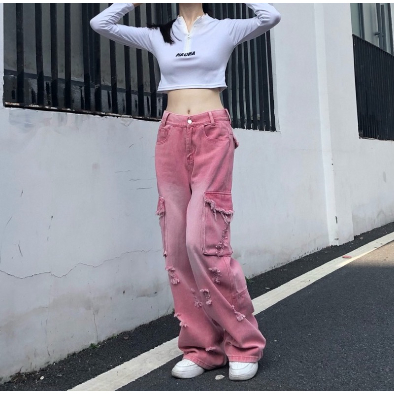 AA18-Quần bò jeans túi hộp cargo pants ống rộng màu hồng loang rách hiphop cá tính cho nữ
