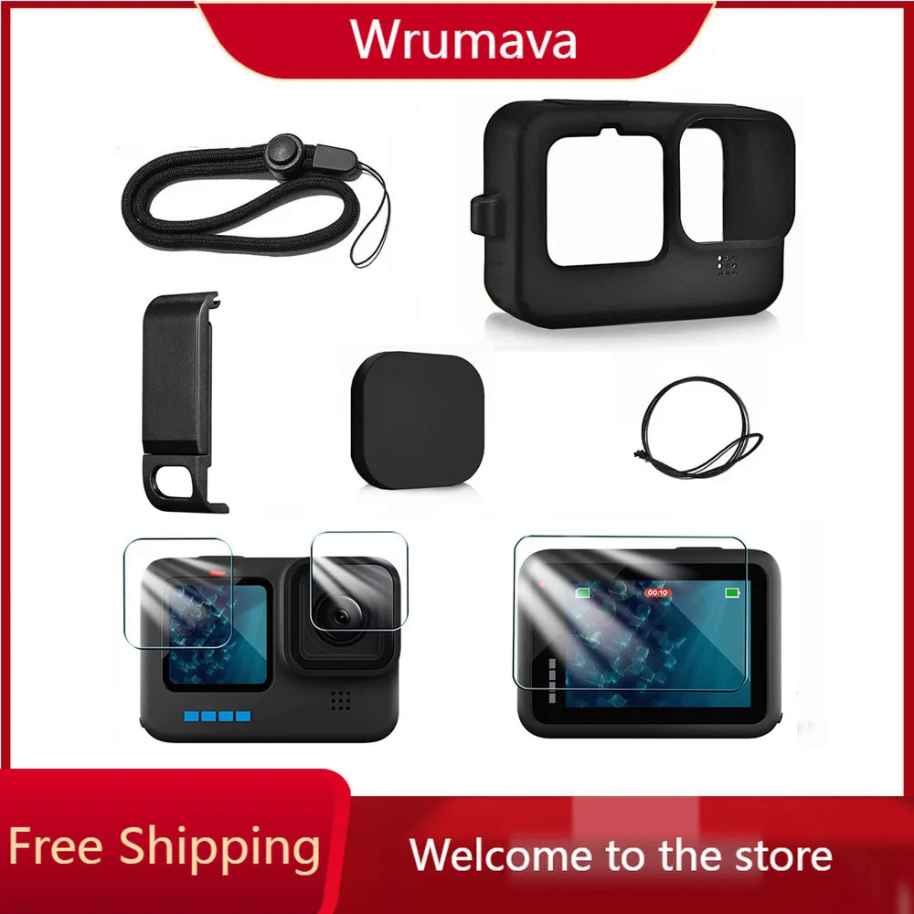 Silicone trường hợp Đối với GoPro hero12 11 10 Đen Tempered Glass bảo vệ màn hình phim bảo vệ ống kính Cap bìa cho đi Pro 11 10 9 trường hợp