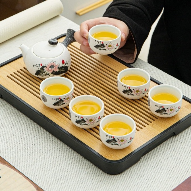 Bộ ấm uống trà 6 chén tráng men gốm sứ cao cấp - chén đẹp làm qùa tặng - thưởng thức trà ngon