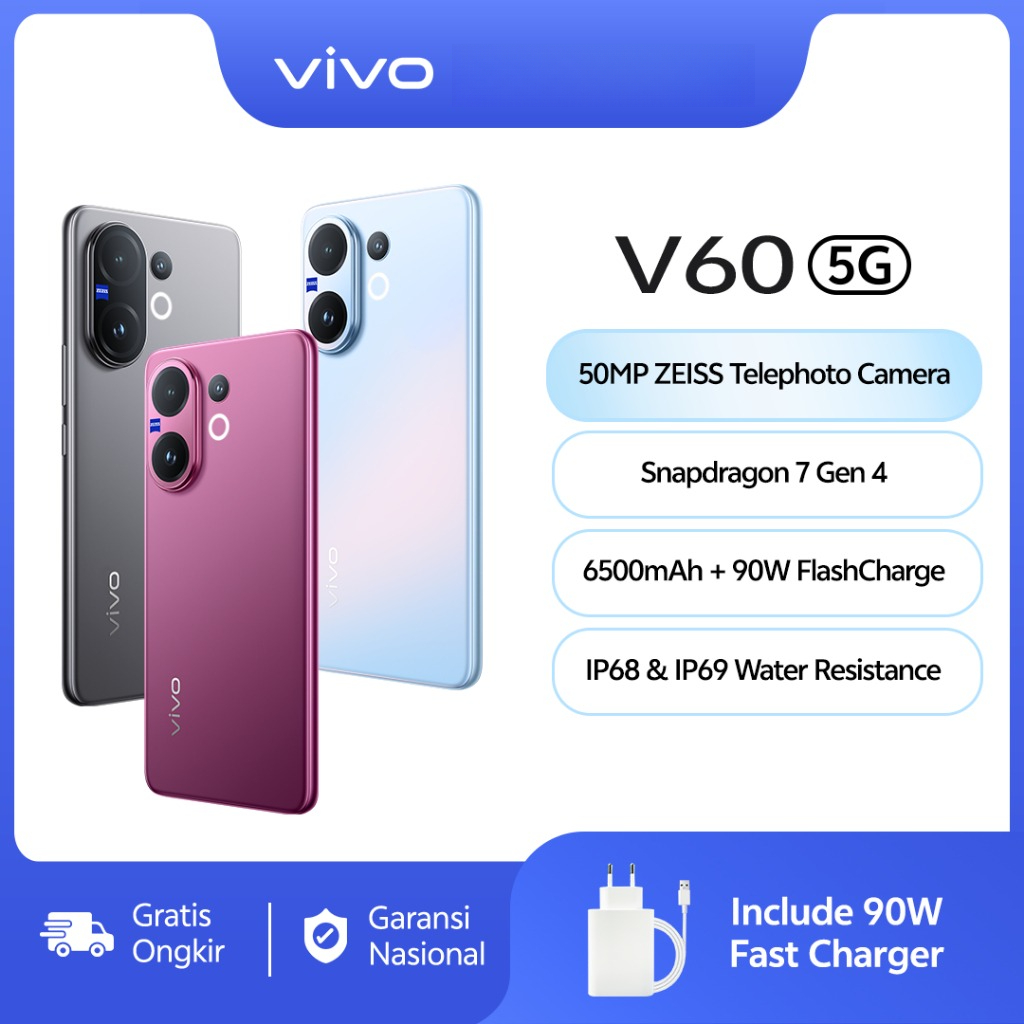 [NEW] vivo V60 5G [8/256 GB] [12/256 GB] [12/512 GB] - 10x Zoom Telephoto, ZEISS Multifocal Potrait, Snapdragon 7 Gen 4, IP68+IP69, vivo AI Giá 6,999,000 Đồng*Miễn phí vận chuyển