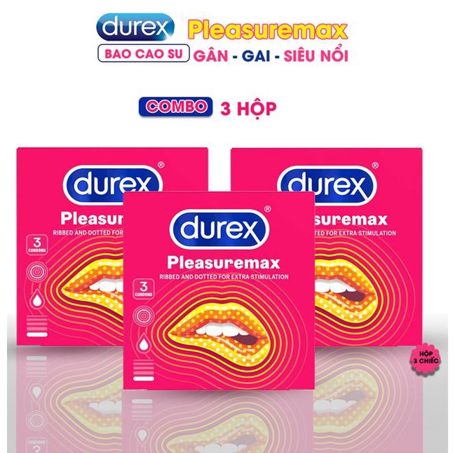 Combo 3 hôp bcs durex pleasuremax, bao cao su gân gai, size 56mm