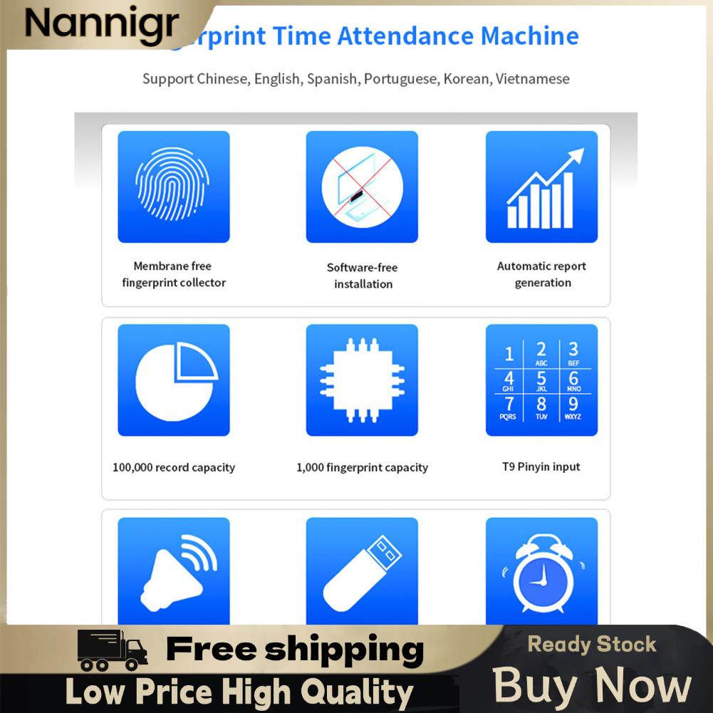 Nannigr Máy chấm công vân tay Máy ghi âm kiểm tra nhân viên 2 4 inch Nhận dạng 2 cách Công suất 1000 người dùng Máy lấy dấu vân tay sinh trắc học cho văn phòng Nhà máy