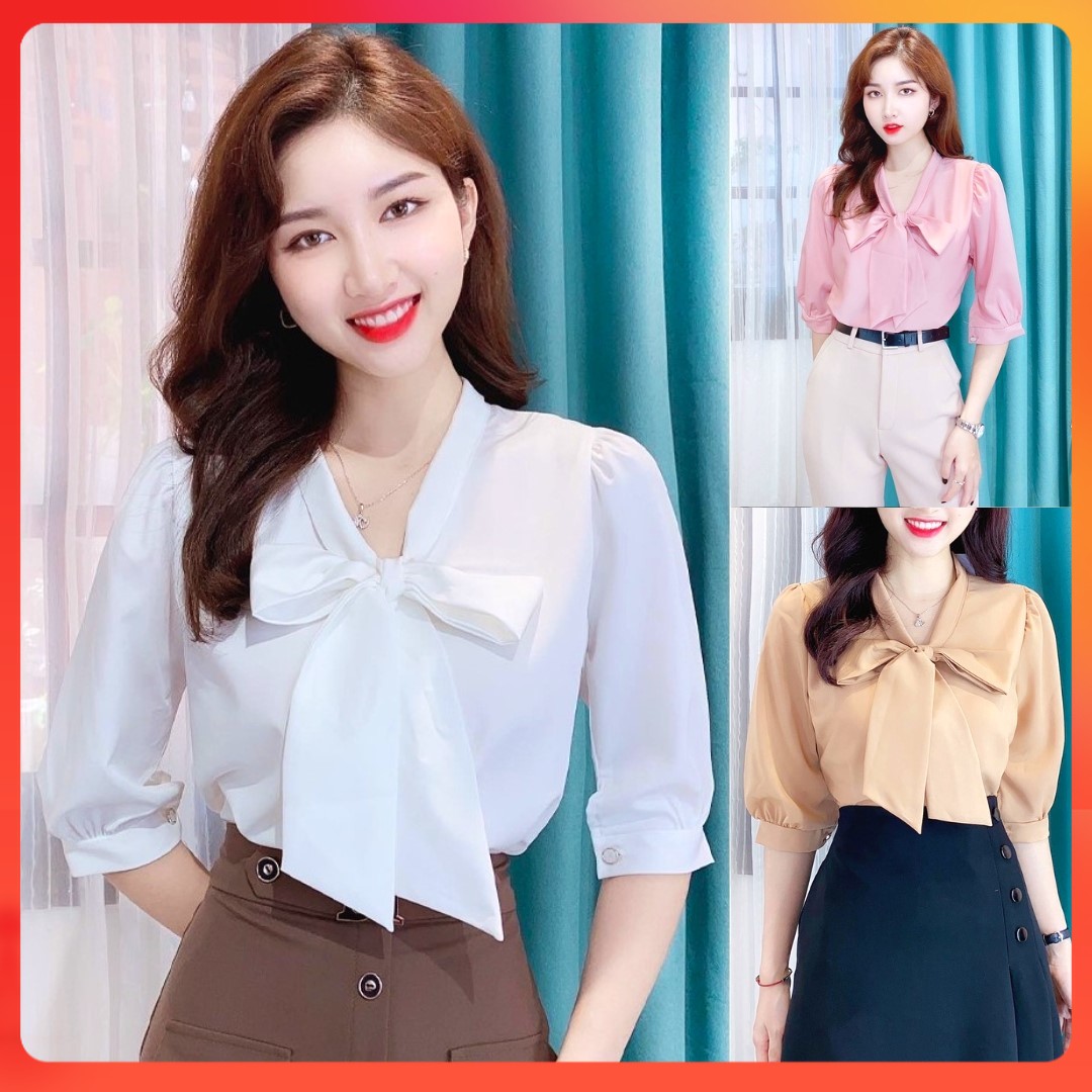 Áo sơ mi kiểu nữ cột nơ cổ tay lửng - kholenqc