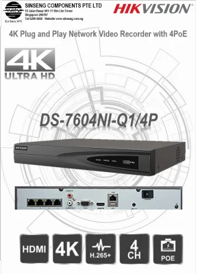 Hikvision 4CH NVR - DS-7604NI-Q1/4P Network Video Recorder CCTV Embedded Plug & Play 4K NVR App:HIK-CONNECT