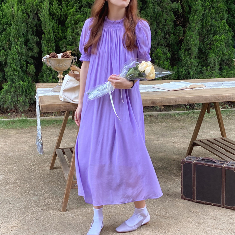 Hàn Quốc Chic Mùa Hè Phong Cách Retro Bơ Trắng Cổ Áo Kiểu Gấp Thiết Kế Dáng Suông Rộng Tay Bồng Đầm Váy Dài Nữ