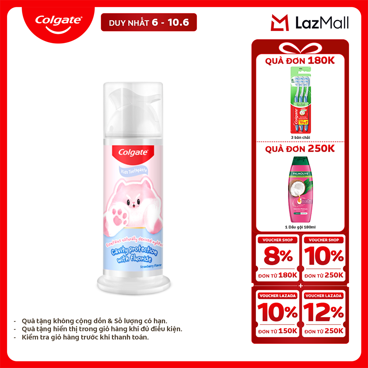 [Chỉ 6-10.6_X2 Voucher giảm 22%] Kem đánh răng Colgate cho trẻ em Fluffy hương dâu, dạng nhấn dễ sử dụng 85g