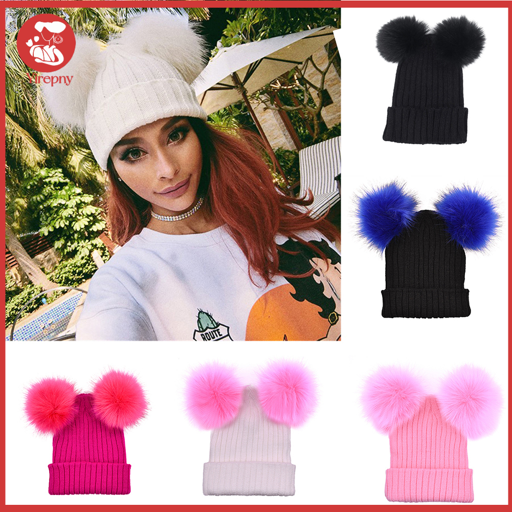 Yirepny Women Fashion Knitted Faux Fur Ball Pom Pom Cute Lady Beanie Hat Warm Cap Gift ราคา 168 บาท*ส่งฟรี