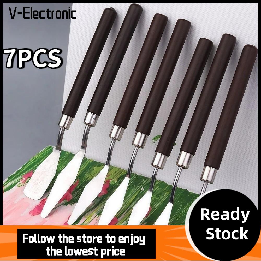 V-ELECTRONIC 7PCS Bằng gỗ Bộ cọ vẽ tranh sơn dầu nghệ thuật Nhẹ Thép không gỉ Xẻng trộn sơn màu nước  Ngăn ngừa rỉ sét Bộ cọ vẽ Công cụ vẽ