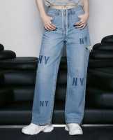 MLB - Quần jeans nữ ống rộng wash bạc thêu logo 3FDPG0161-50BLL