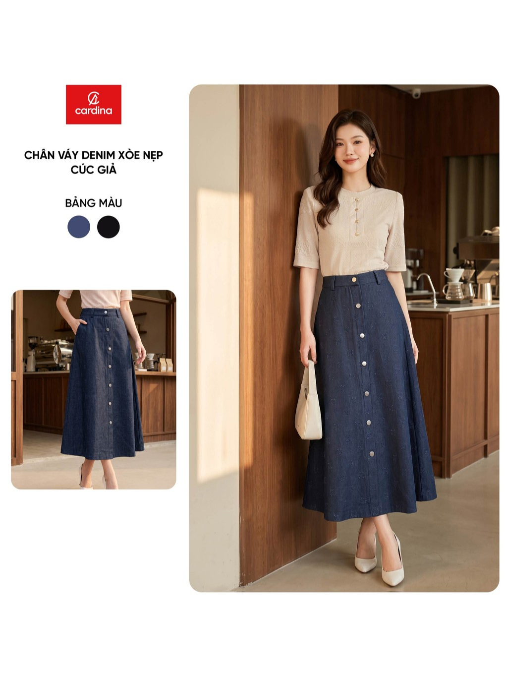 Cardina Women's Denim Skirt with Flared Shape and Faux Buttons 6Cvj03