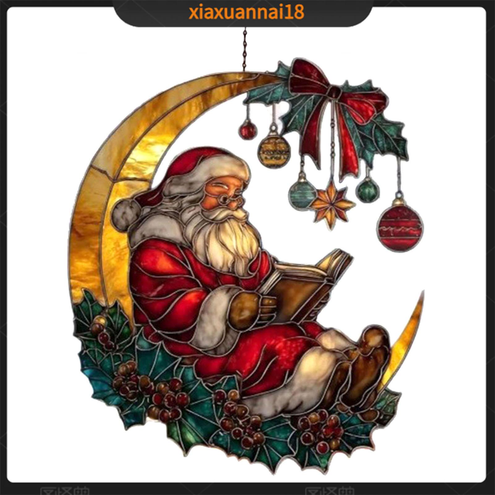 Xiaxuannai Giáng Sinh Quà Tặng Trang Trí Nội Thất tiệc giáng sinh Ấm Cúng Santa Trăng Suncatcher Giáng Sinh vật treo cửa sổ Trang Trí Với Quả Dâu Nơ Kính màu Nhìn đồ trang trí cho ngày nghỉ lễ Cho Nhà Tường Và Cửa Sổ-Lễ Hội