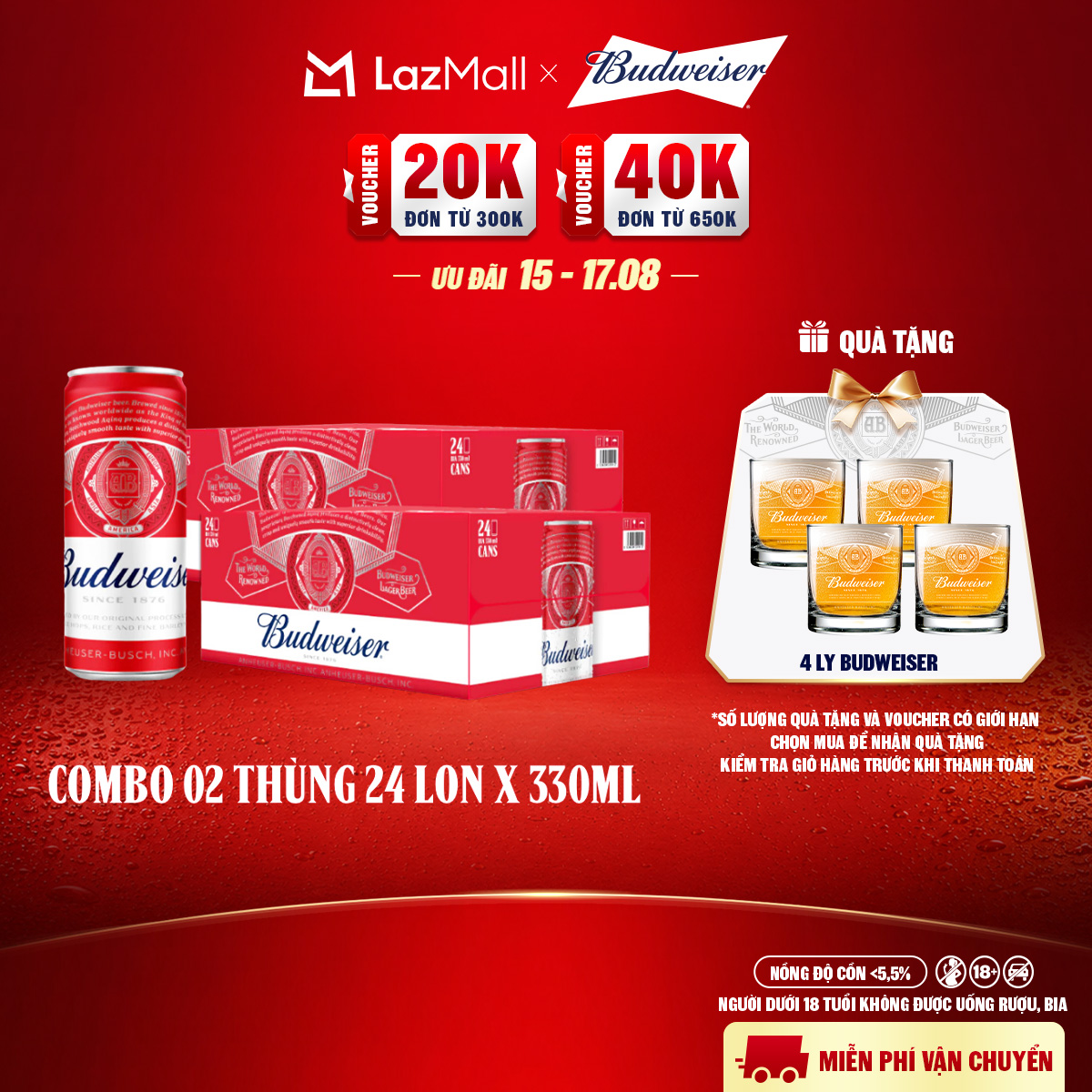 Combo 2 Thùng 24 Lon Bia Budweiser Sleek Can Chính Hãng (330ml/lon)