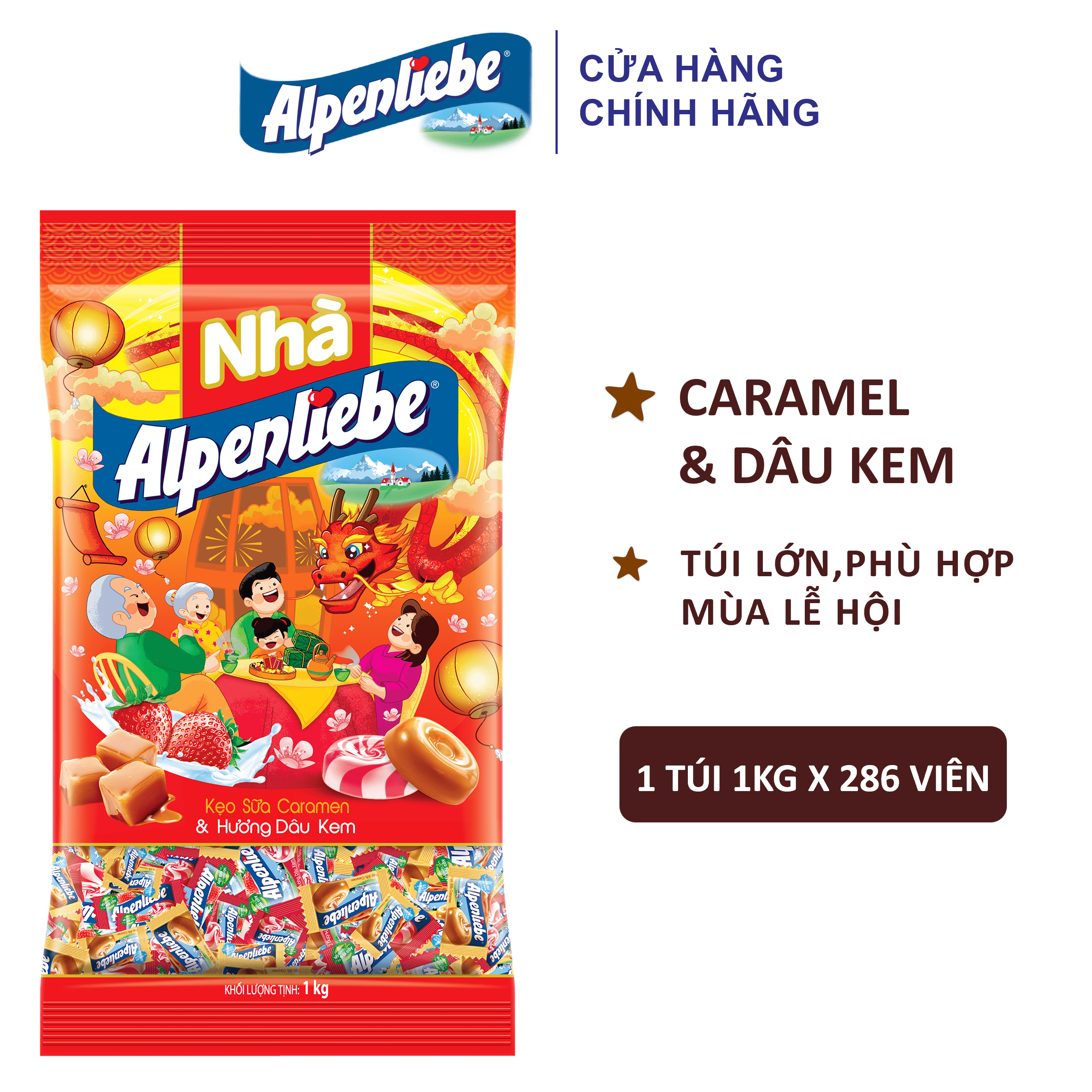 Kẹo Alpenliebe mixed hương sữa Caramel & Dâu kem (Túi 1kg - 286 viên)