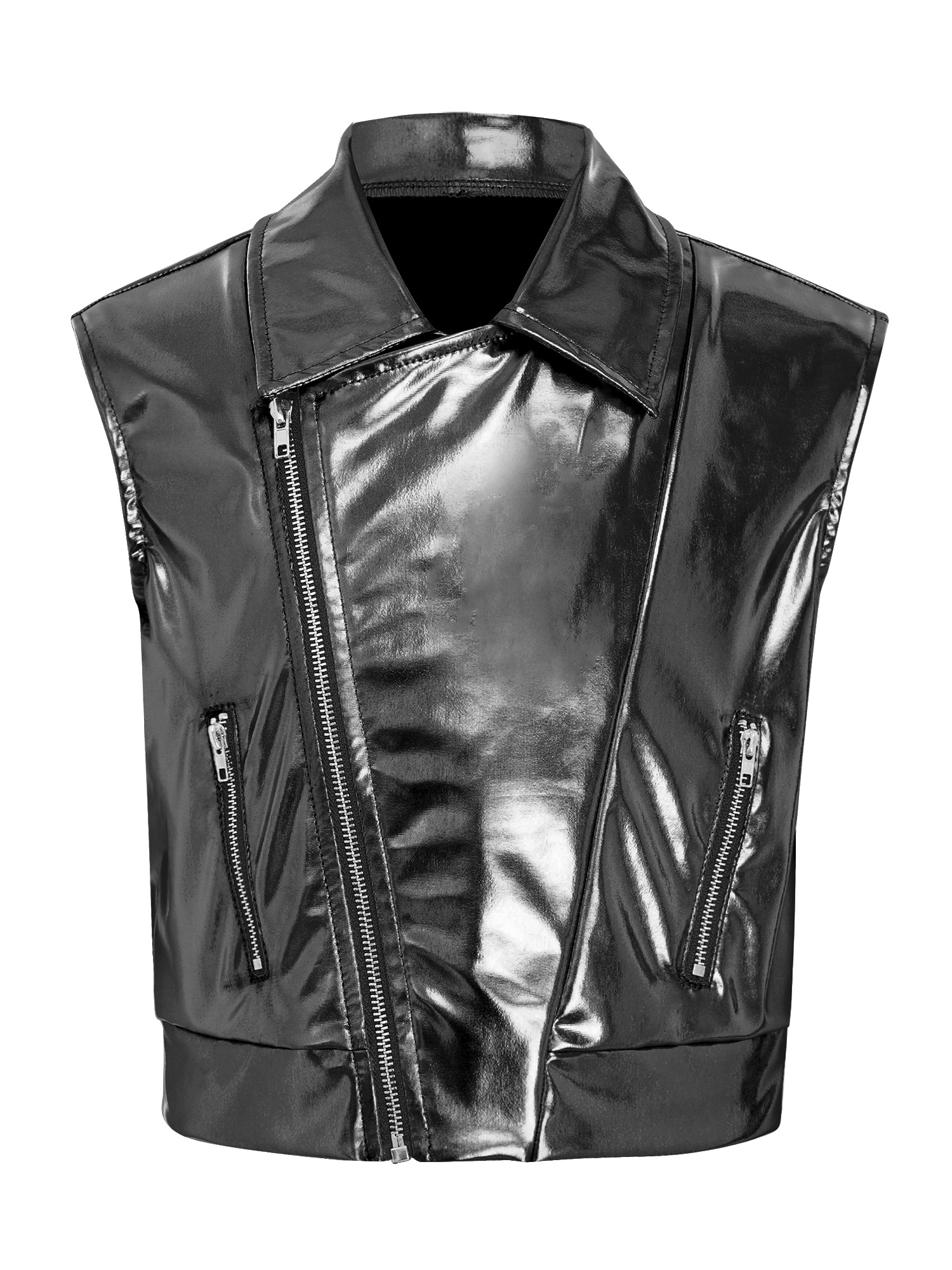 YiZYiF Unisex Kids Boys Girls Zipper Metallic Jacket Turn-Down Collar Vest Sleeveless Outerwear for Hip Hop Dance Party Stage Performance - 3