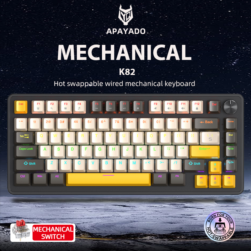 Bàn phím chơi game cơ có dây apayado K82 với đèn nền RGB núm phương tiện thiết kế có thể hoán đổi nóng Keycaps nhân vật trong suốt bố trí nhỏ gọn 75% công tắc đỏ xanh
