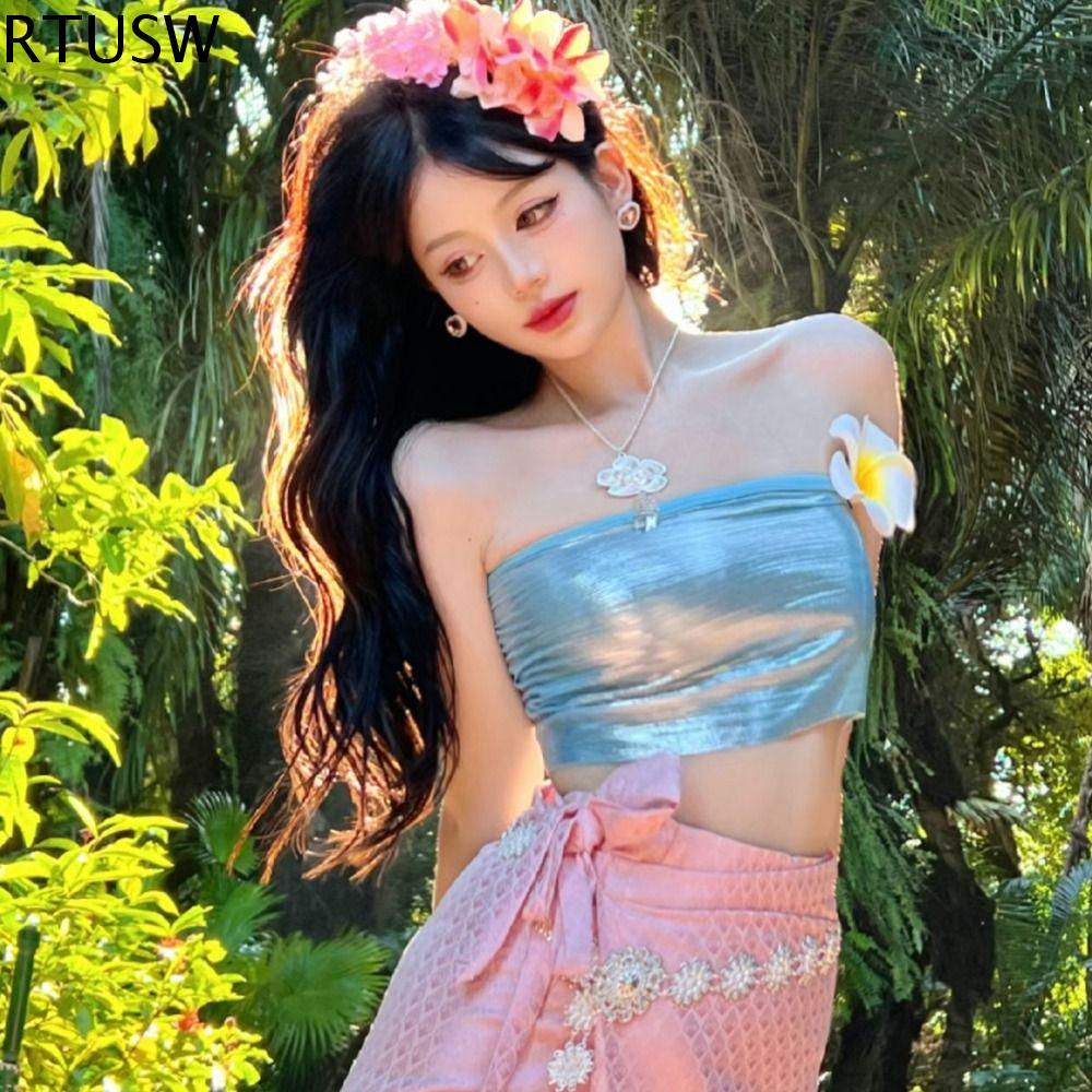 RTUSW Bộ hai mảnh Trang phục lễ hội đại Phong cách Thái Lan Váy dài Trang phục truyền thống Thái Lan Trang phục truyền thống Thái Lan Châu Á Thái Lan phù hợp với áo váy Lễ Hội Dân tộc đại