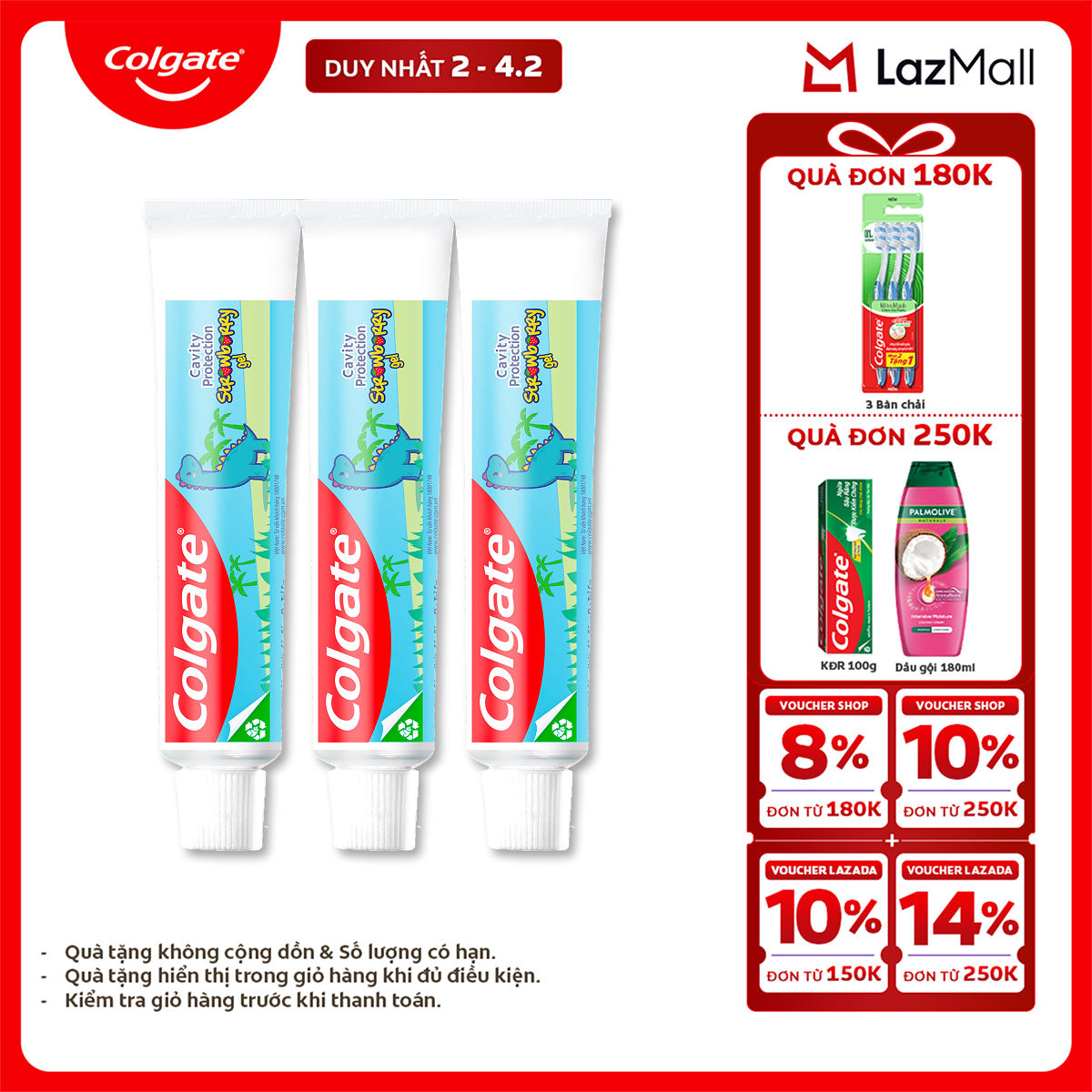 [Chỉ 2-4.2_X2 Voucher giảm 24%] Bộ 3 kem đánh răng Colgate trẻ em khủng long hương dâu 40g