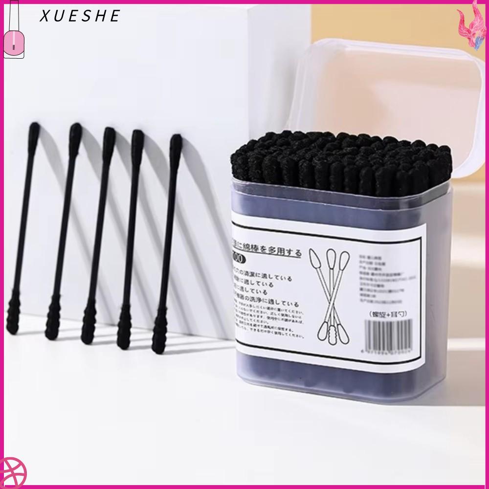 XUESHE 100Pcs Hai đầu Tăm bông dùng một lần Đen Hình dạng xoắn ốc Dụng cụ làm sạch tai  Mềm mại Tăm bông trang điểm Dụng cụ chăm sóc da đẹp