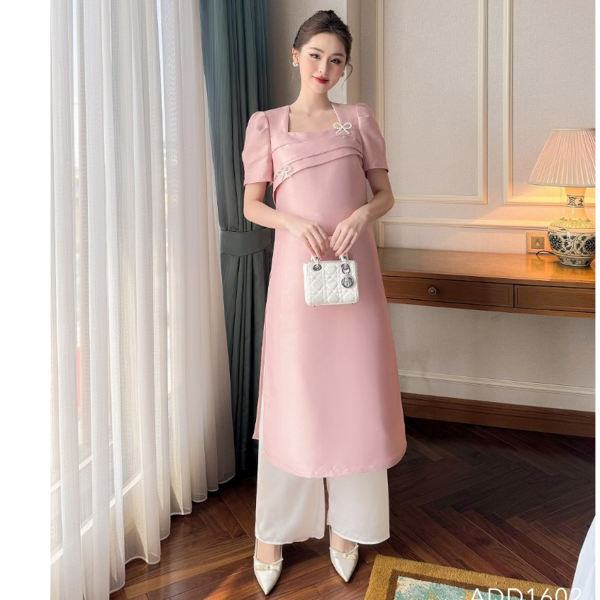 MEDYLA - Áo dài tết cách tân váy bầu đầm bầu dự tiệc tafta hồng xếp ly cho bầu diện tết - ADD1602