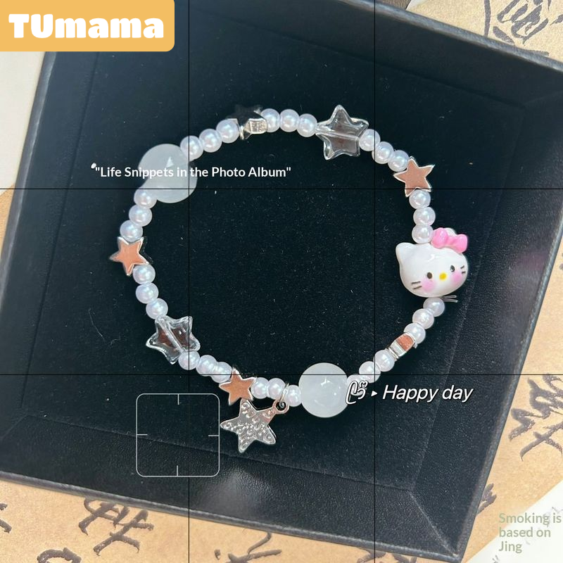 TUmama Cute Kitty Cat Pearl Bracelet Girl Heart Adorable Accessories New Japanese and Korean Style Fresh Sweet Bracelet ราคา 20 บาท*ส่งฟรี