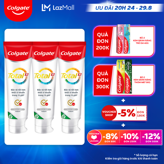 [Ưu đãi 20H 24.8 - 29.8_Áp voucher Colgate 5% + voucher LZD 8%]Bộ 3 Kem đánh răng Colgate Total bảo vệ toàn diện 12h 170g/tuýp