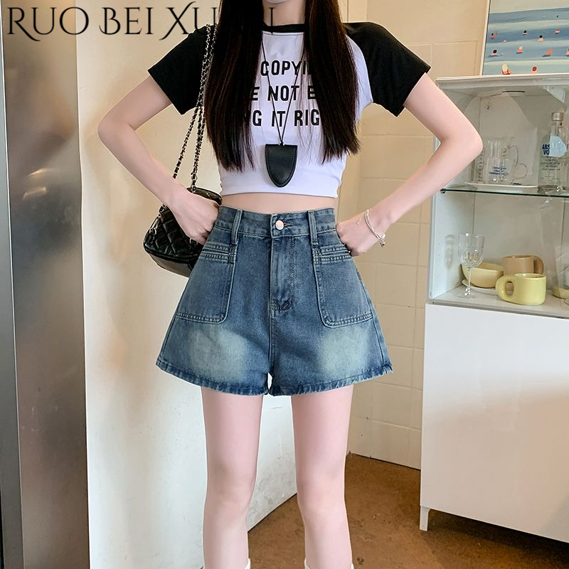 Ruo Bei Xuan High-Waisted Retro Denim Shorts for Summer with Design Sense and Loose Fit ราคา 299 บาท*ส่งฟรี