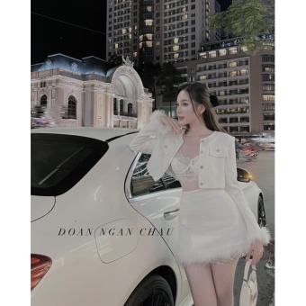 SET 3 MÓN : ÁO KHOÁC DA TAY LÔNG VŨ + ÁO BRA + CHÂN VÁY VIỀN LÔNG VŨ