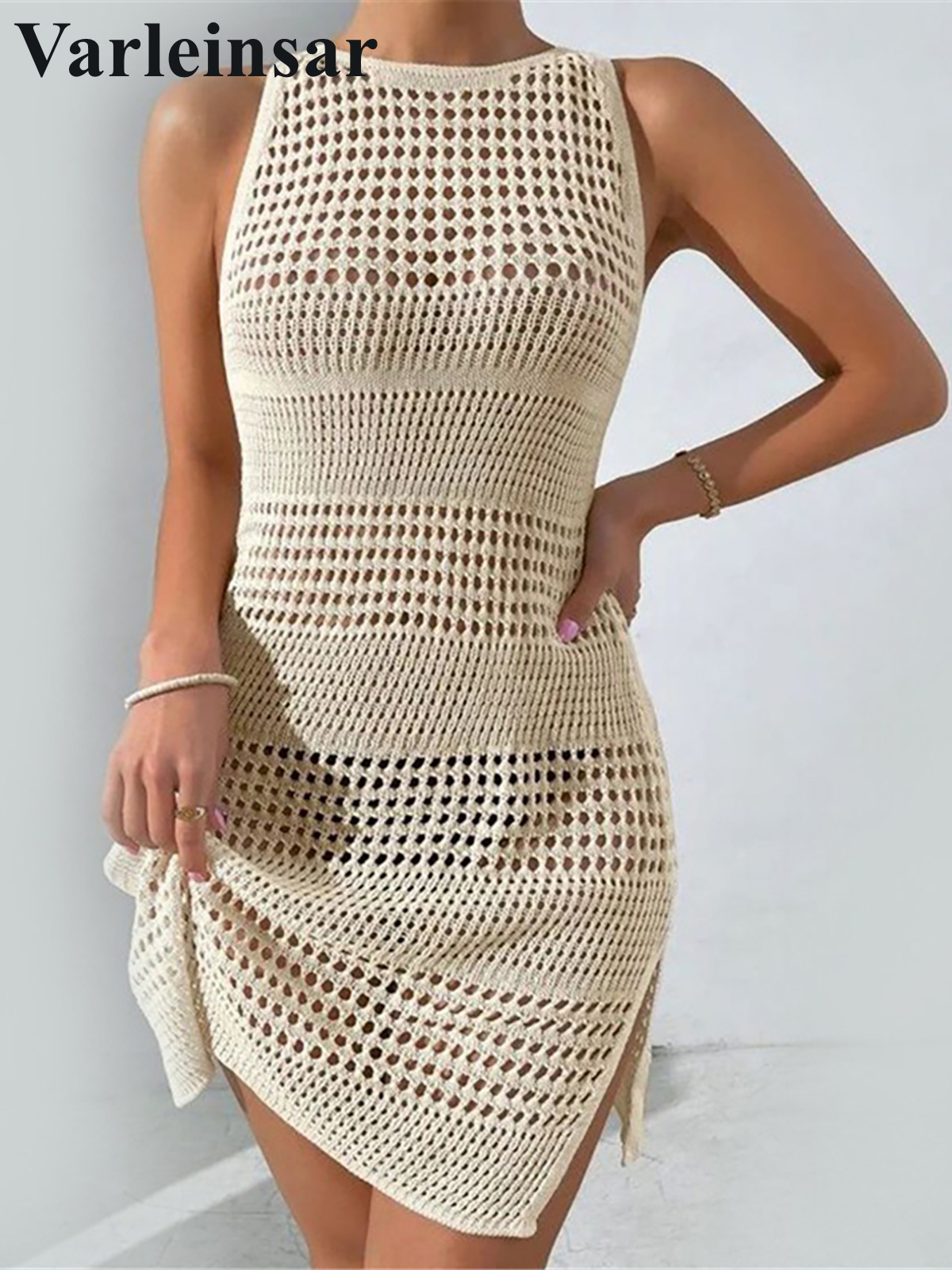 [Heses] 2024 chạm khoét sexy backless Crochet Áo dệt kim bãi biển Cover up Cover-up váy đi biển tran